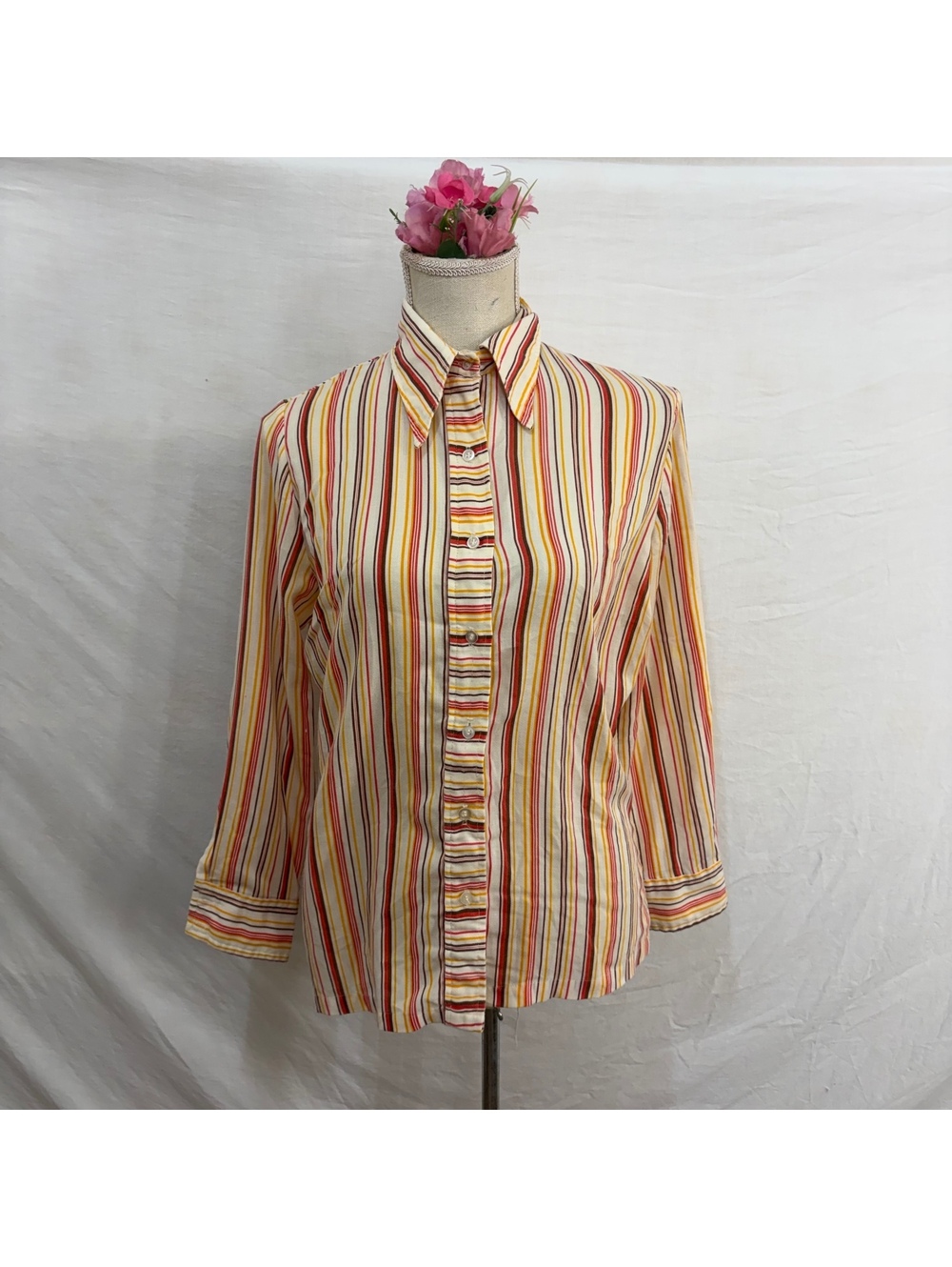 Autumnal tone striped dagger collar button up blouse vintage 70s